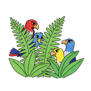 Raptors Playing Hide-and-Seek Among Crayon Ferns